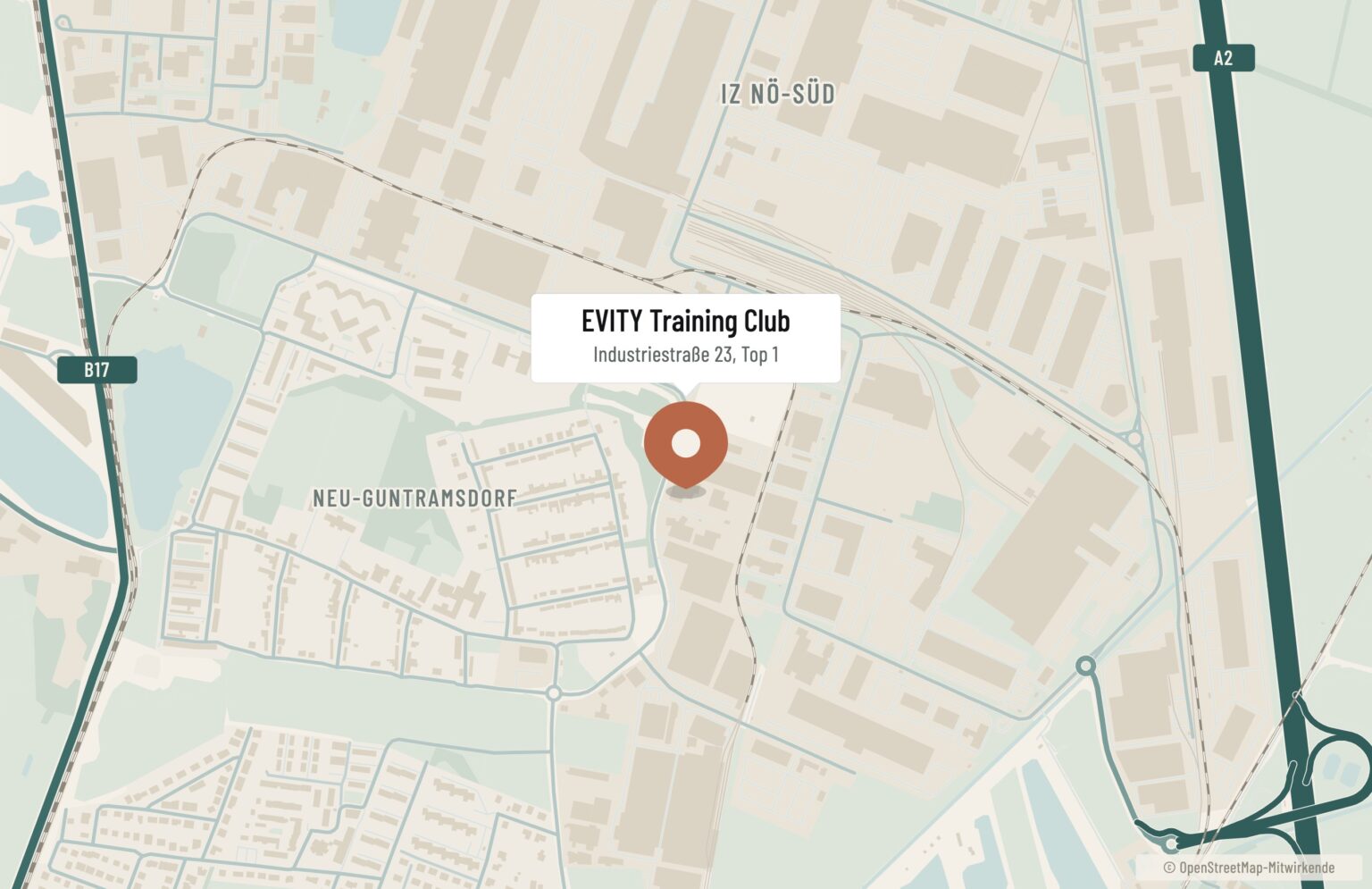 Karte: EVITY Training Club, Industriestraße 23, 2353 Guntramsdorf im IZ NÖ-Süd, zwischen B17 und A2