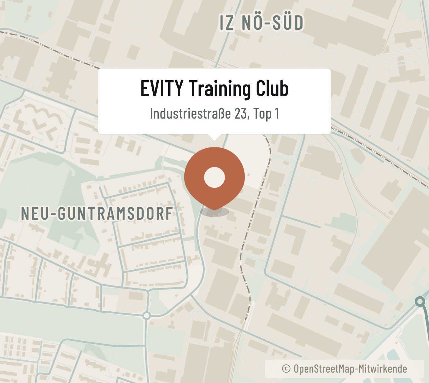 Karte: EVITY Training Club, Industriestraße 23, 2353 Guntramsdorf im IZ NÖ-Süd