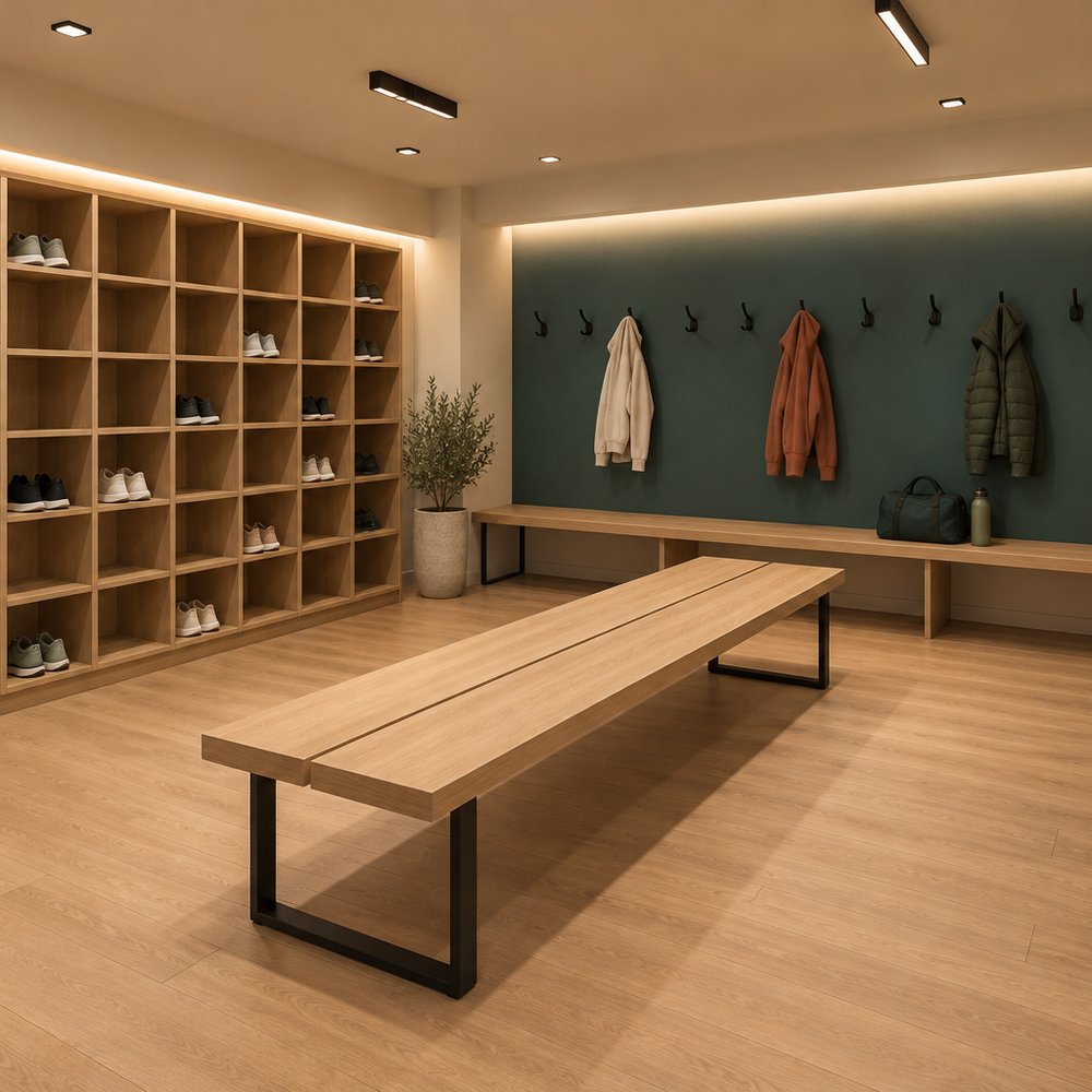 Visualisierung der Garderobe mit Schuhregal und Sitzbank