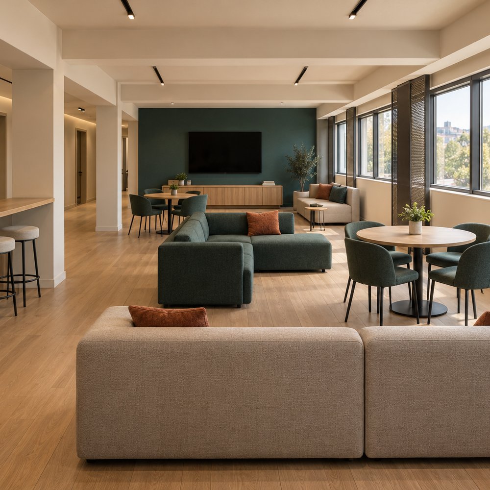 Visualisierung der EVITY Lounge mit Sitzgruppen