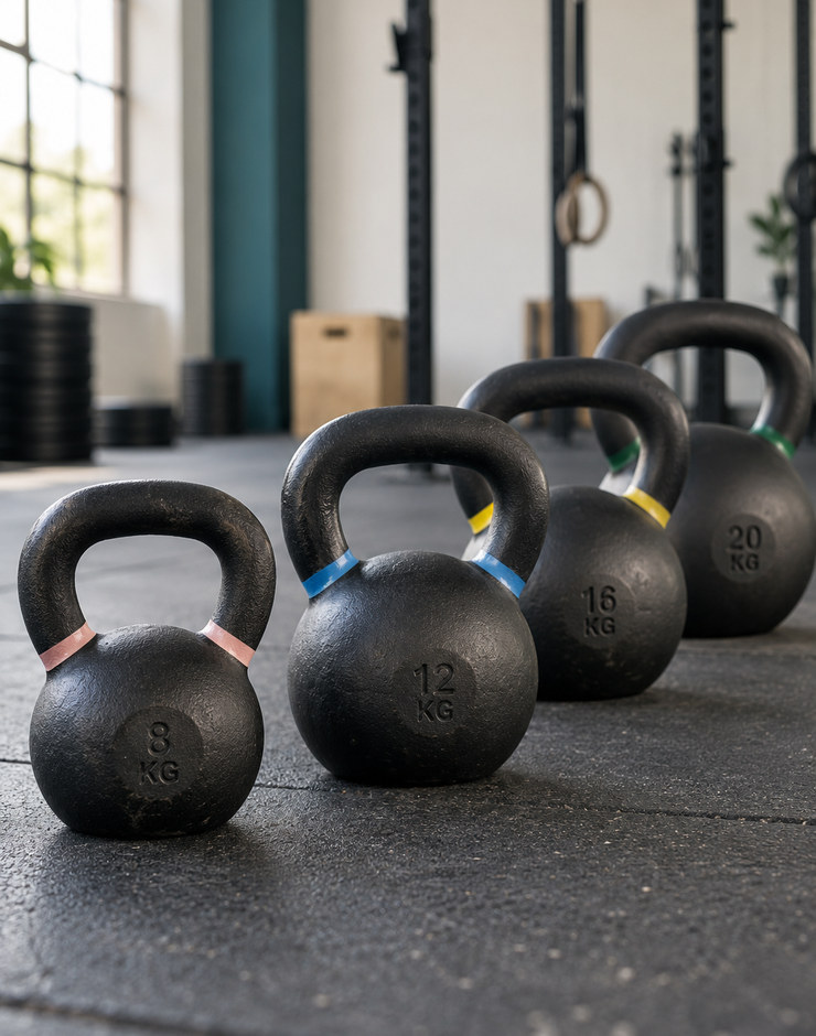 Kettlebells in verschiedenen Gewichten auf dem Trainingsboden