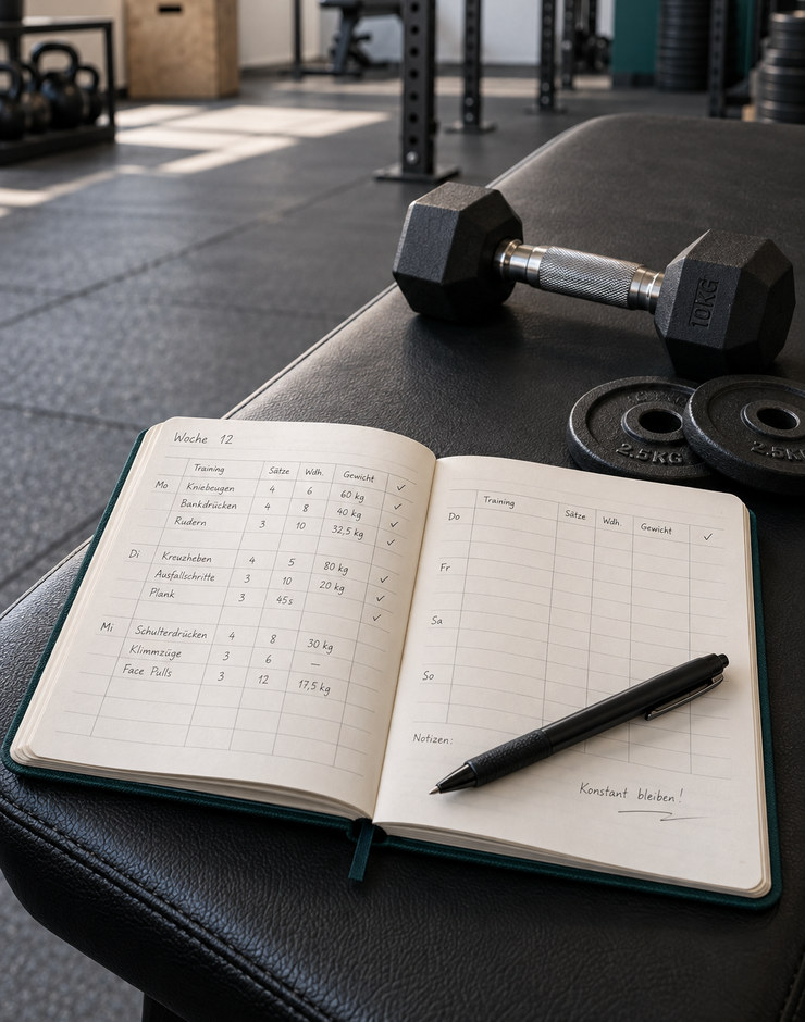 Aufgeschlagenes Trainingsbuch mit Stift auf einer Hantelbank, daneben eine Kurzhantel